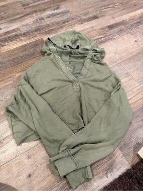 aerie Olive Green V‑Neck Hooded Crewneck Sweater